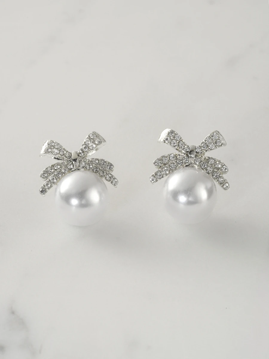 Clariva 1 Pair Elegant Bow Faux Pearl Rhinestone Stud Earrings Valentines