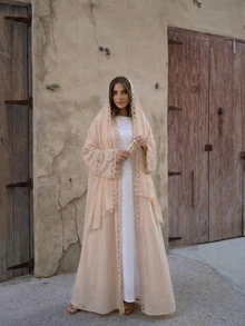 Women's Robe Set, Lace Trim Open Front Robe With Sleeveless Dress And Chiffon Scarf - Lightweight, Dignified, Breathable, Suitable For Spring/Summer, Elegant Party Dress - Light Khaki - View 1