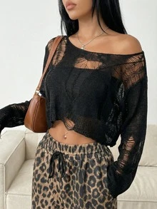 Plus Size Women Solid Color Hollow Out Cropped Round Neck Sweater, Suitable For Halloween, Autumn - Black - View 1