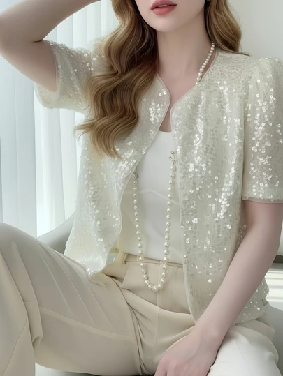 女士时尚亮片装饰短袖外套，闪亮亮片细节，常规版型梭织上衣