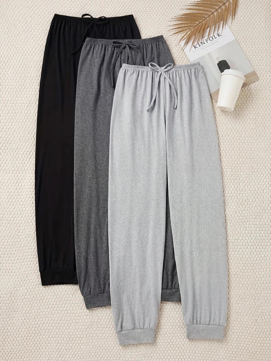 3pcs Women's Casual Drawstring Waist Pants, New Minimalist 3-Color Set, Autumn Clothing, Loose Fit Solid Color Lounge Pants, Gift - Mixed Colors - View 1
