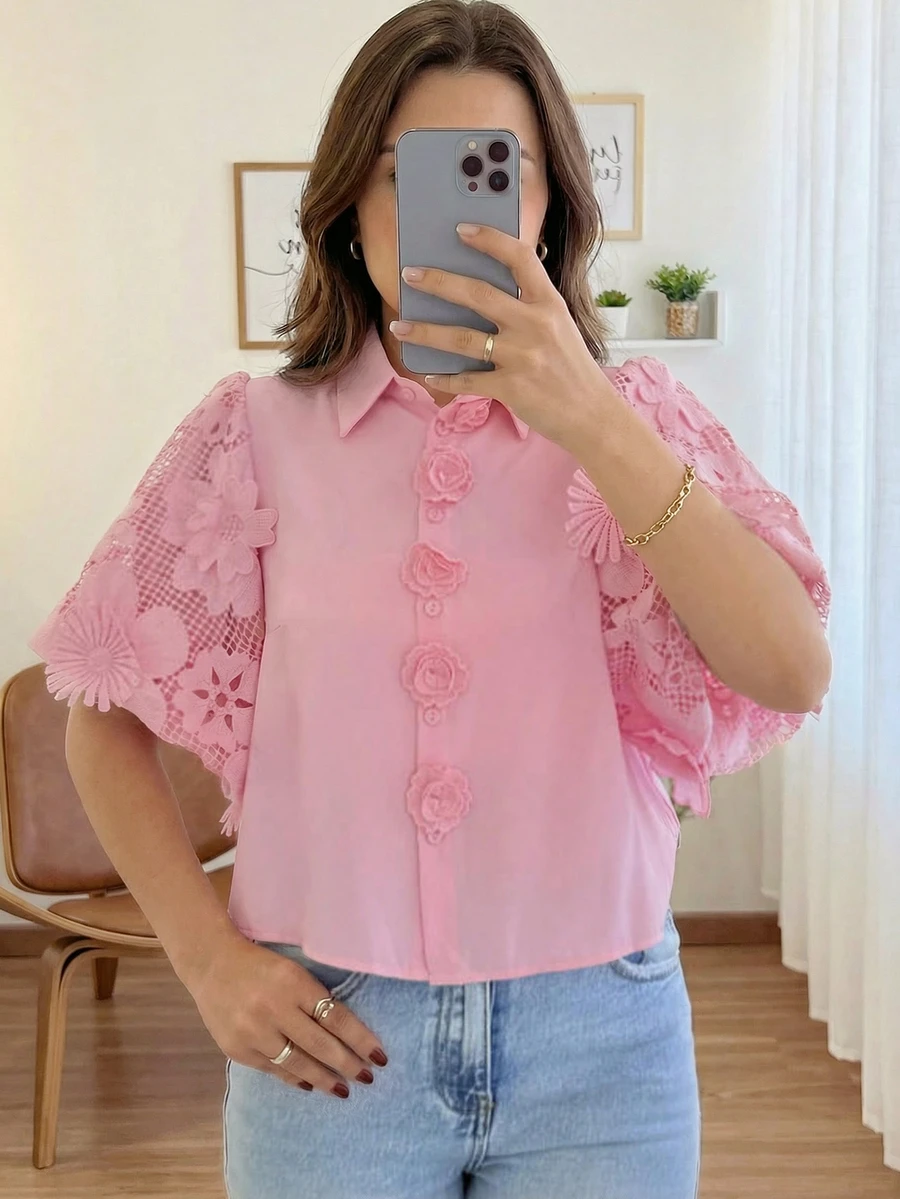 Solstice Apparel 刺绣花卉镂空领衬衫，粉色女士夏季衬衫，适合休闲、通勤、早午餐、花园穿着 - 粉色 - 查看 1