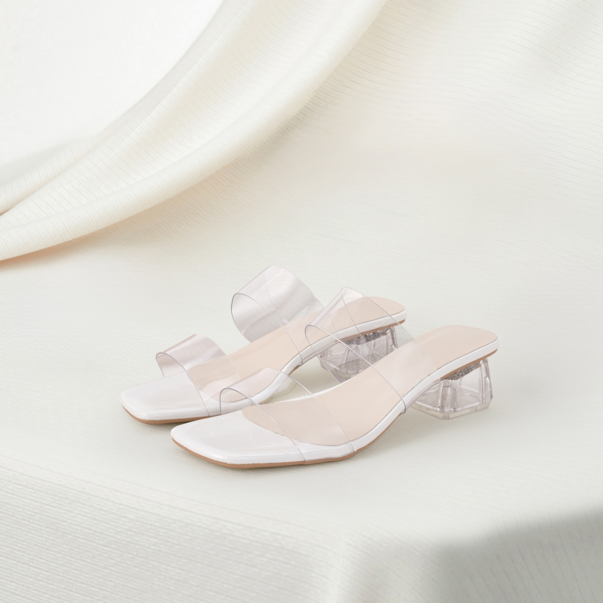 Sandalias de tacón grueso transparentes de PVC para mujer con puntera cuadrada y abierta, con decoración de cristal, regalos de Navidad de invierno