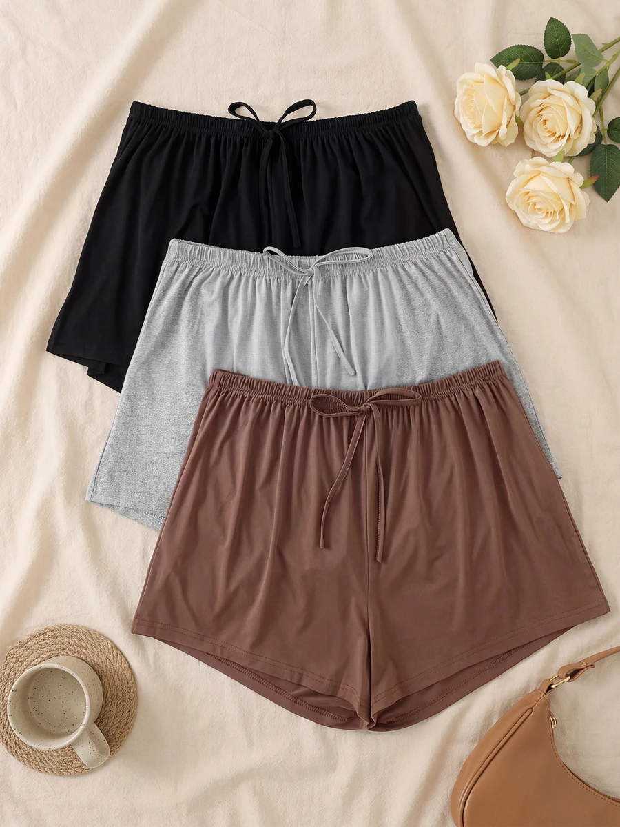 3 chiếc quần pajama nữ màu trơn, chất liệu vải dệt kim, có dây rút giả, kiểu dáng mới, thích hợp mặc ở nhà, đi biển, hẹn hò, tập luyện, mọi mùa. - Xám + Đen + Nâu - Xem 1