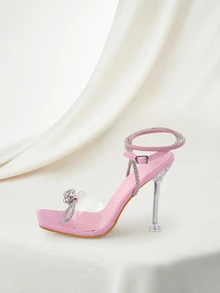 Clariva Women's Pink Rhinestone Embellished Bow Knot High Heeled Sandals With Strappy And Buckle, Peep-Toe, Great For Summer And Fall Parties Valentines - Pink - View 3