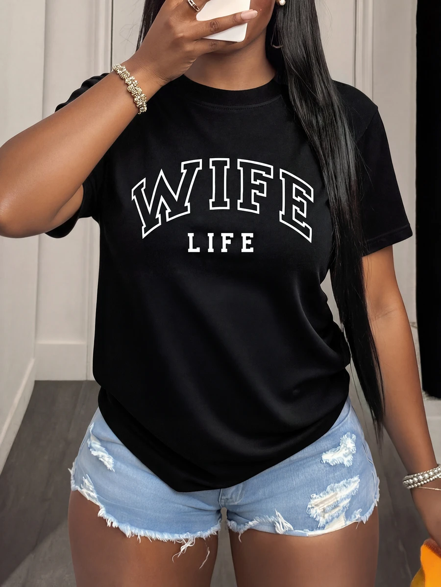 2026 女士休闲T恤，妻子字母印花圆领短袖T恤，春夏款 - 黑色 - 查看 1