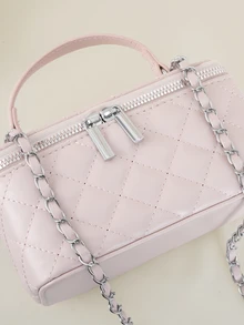 Clariva 1 件时尚 PU 钻石图案绗缝拉链小方形手提包，女士百搭单肩斜挎包