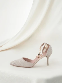 Clariva Women Faux Pearl Decor Point Toe Stiletto Heeled Ankle Strap Pumps, Fashion Outdoor Denim Pumps Winter Gifts - Apricot - View 2