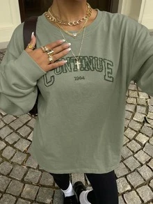 Áo thun nữ màu xanh lá cây thêu họa tiết, kiểu dáng thường ngày, thích hợp cho mùa xuân/thu. - xanh quân đội - Xem 4