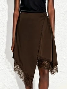 优雅女士不对称及膝半身裙，撞色蕾丝细节，梭织面料，休闲时尚设计 - 咖啡棕 - 查看 1
