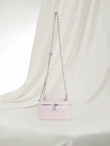 Clariva 1 件时尚 PU 钻石图案绗缝拉链小方形手提包，女士百搭单肩斜挎包