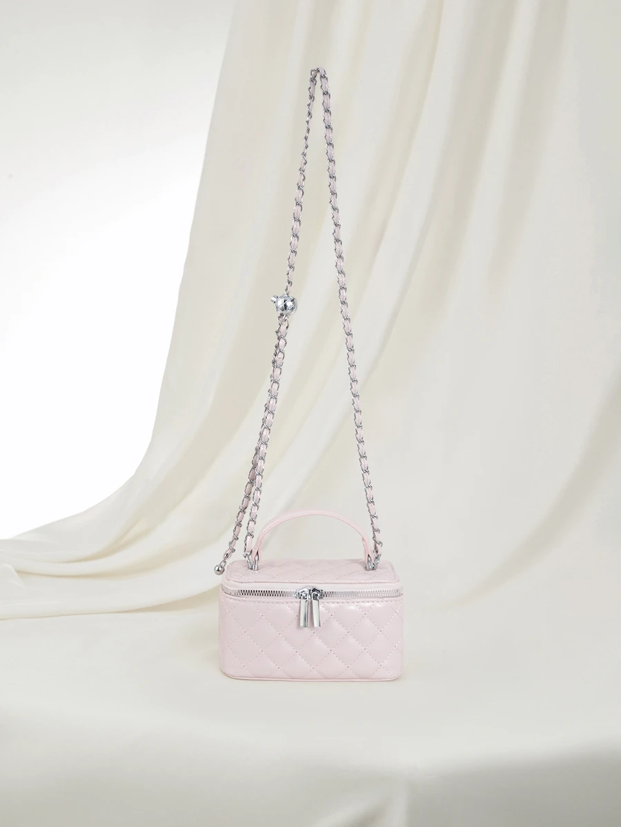 Clariva 1 件时尚 PU 钻石图案绗缝拉链小方形手提包，女士百搭单肩斜挎包