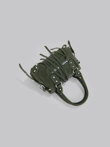 DareSee 1件裝綠色拼接鉚釘鑲嵌金屬流蘇拉鍊裝飾復古PU材質環帶裝飾鉚釘鑲嵌，聖誕禮物 - 綠色 - 查看 6