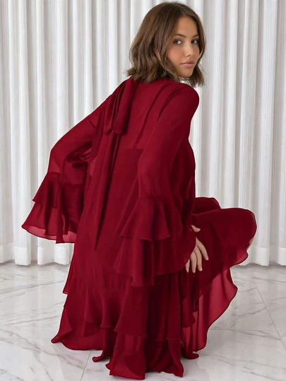 优雅纯色荷叶边领长袖连衣裙