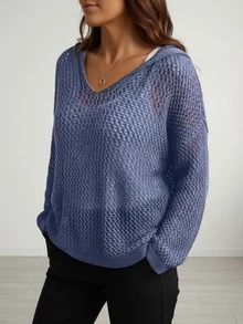 Plus Size Women's Solid Color Drop Shoulder Long Sleeve Hollow Hooded Sweater, Casual For Autumn Spring - Royal Blue - View 2