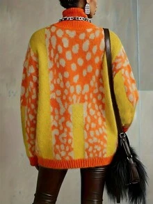 女士秋冬宽松高领豹纹毛衣，涤纶厚针织休闲时尚款 - 橘色 - 查看 3