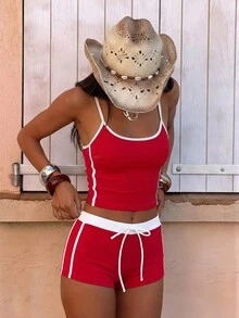 Set de costume de baie pentru femei, cu top scurt roșu, combinat cu pantaloni scurți de vară drăguți și un top de vară drăguț, costum de baie perfect pentru aeroport și vacanța la piscină de 4 iulie - roșu - Vizualizare 3
