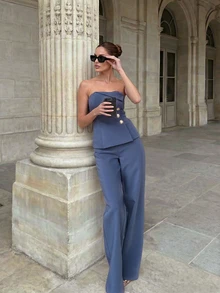 2pcs/Set Elegant Minimalist Holiday Party Commute Business Suit Co-Ord Sets Women, Autumn Strapless Waist Fitted Top & Pants Summer - Blue - View 3
