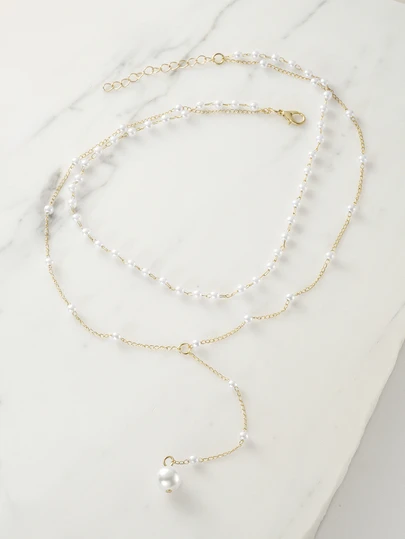 Clariva 1 件金色 Y 形设计多层项链，细节饰有水钻和人造珍珠，适合女性日常佩戴、友谊礼物、宴会派对（手工链条切割成合适的尺寸，珍珠数量可变，水钻尺寸可变）