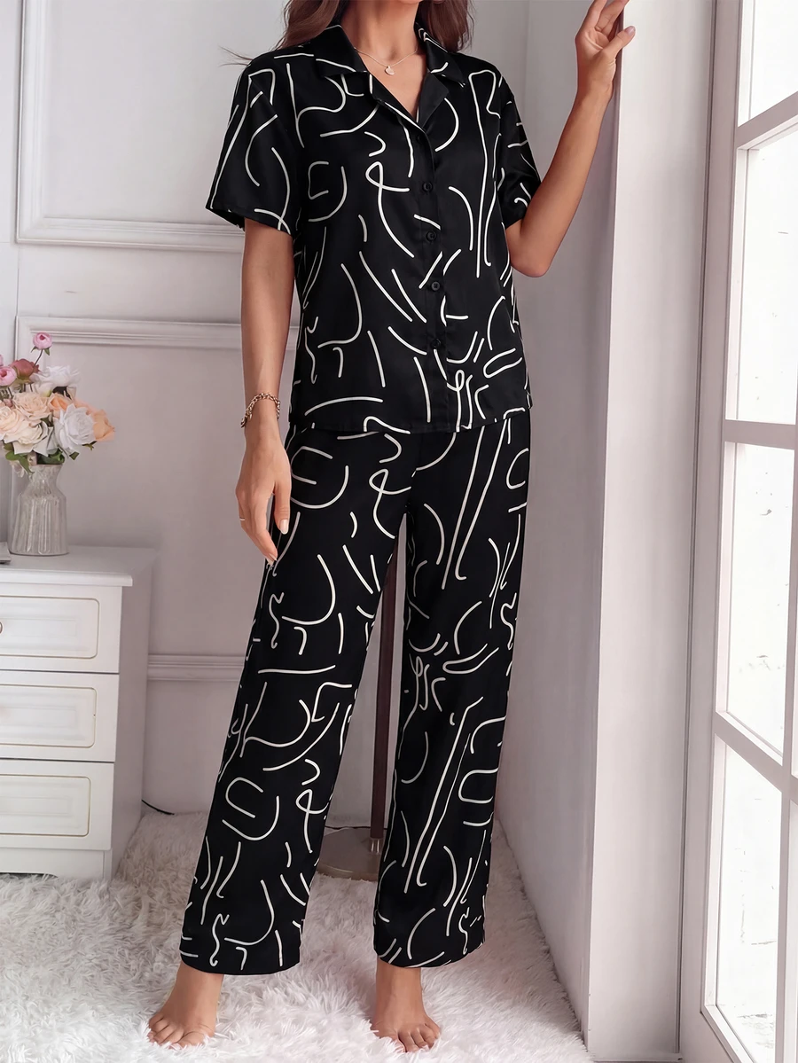 2pcs/Set Women's Loose Casual Floral Peplum Top And Wide-Leg Pants Suit, Spring 2026 Black Summer - Black - View 1