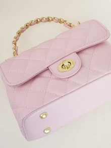 Clariva 1pc Pink PU Quilted Diamond Pattern Embroidered Chain Strap Handbag, Fashionable Flap Twist Lock Small Square Bag, Versatile Shoulder Crossbody Bag Suitable For Daily Commute, Hanging Out With Friends, Dating, Shopping, Afternoon Tea - Pink - View 4