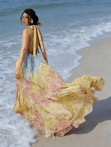 Đầm maxi nữ mùa xuân/hè kiểu dáng thanh lịch, thoải mái, họa tiết Paisley in kỹ thuật số, cổ yếm buộc nơ, gấu đầm nhún, họa tiết Paisley in kỹ thuật số, dáng rộng, thướt tha, hở lưng. - Nhiều màu - Xem 5