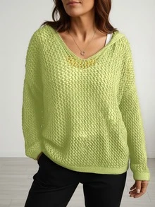 Áo len dệt kim trơn khoét lỗ có mũ size lớn, tay dài dáng rộng phong cách casual cho mùa xuân hè thu, mặc đi biển nghỉ dưỡng và tiệc tùng - Màu xanh Bạc hà - Xem 1