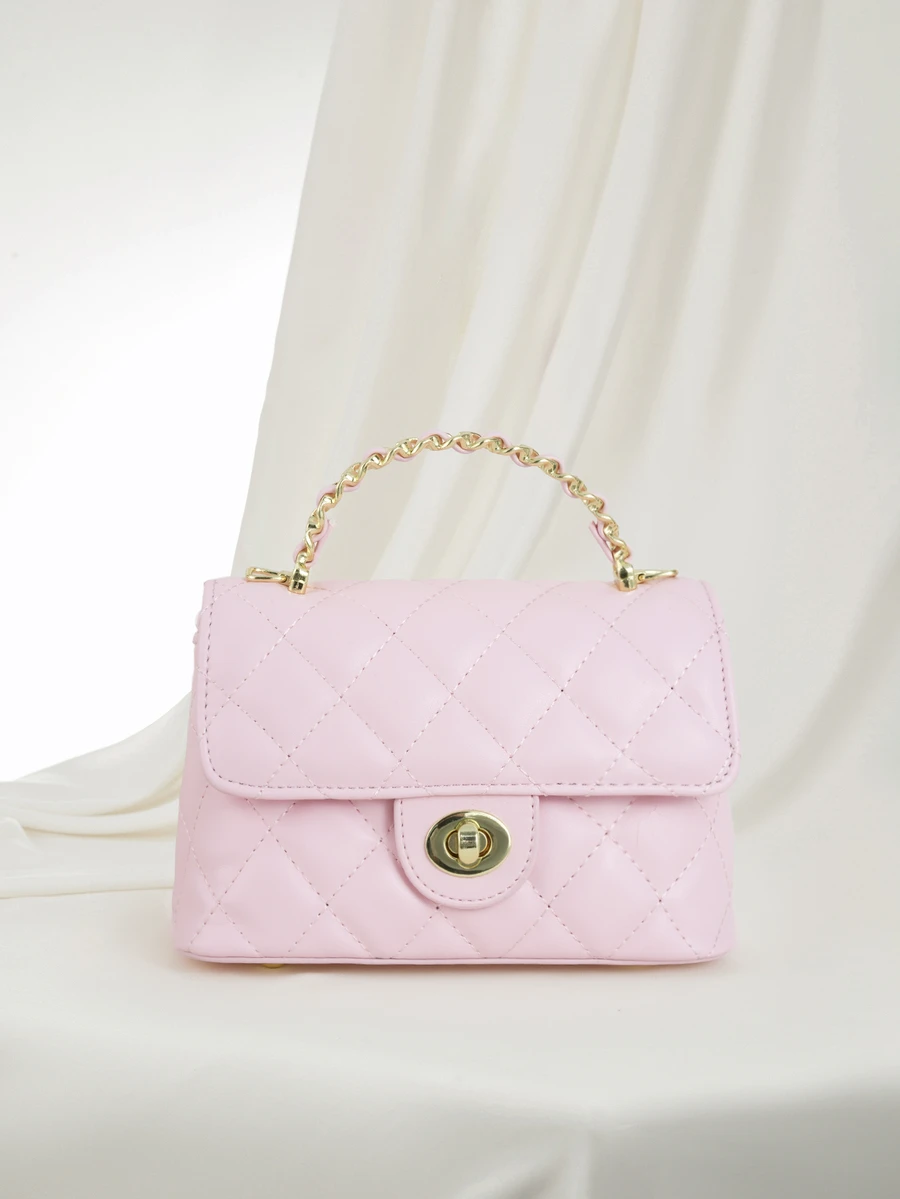 Clariva 1pc Pink PU Quilted Diamond Pattern Embroidered Chain Strap Handbag, Fashionable Flap Twist Lock Small Square Bag, Versatile Shoulder Crossbody Bag Suitable For Daily Commute, Hanging Out With Friends, Dating, Shopping, Afternoon Tea - Pink - View 1