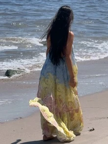 Đầm maxi nữ mùa xuân/hè kiểu dáng thanh lịch, thoải mái, họa tiết Paisley in kỹ thuật số, cổ yếm buộc nơ, gấu đầm nhún, họa tiết Paisley in kỹ thuật số, dáng rộng, thướt tha, hở lưng. - Nhiều màu - Xem 1