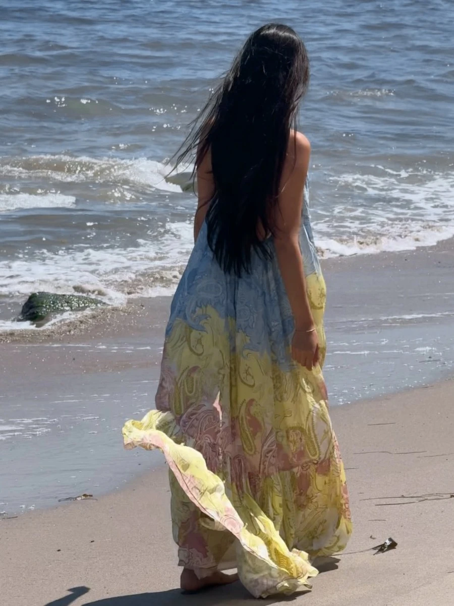 Đầm maxi nữ mùa xuân/hè kiểu dáng thanh lịch, thoải mái, họa tiết Paisley in kỹ thuật số, cổ yếm buộc nơ, gấu đầm nhún, họa tiết Paisley in kỹ thuật số, dáng rộng, thướt tha, hở lưng. - Nhiều màu - Xem 1