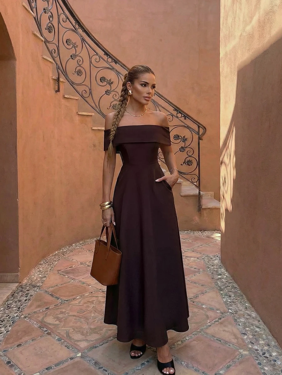 Solid Color Elegant Backless Off Shoulder Dress, Suitable For Wedding, Party, Dating, Formal Occasions Summer - Burgundy - View 1