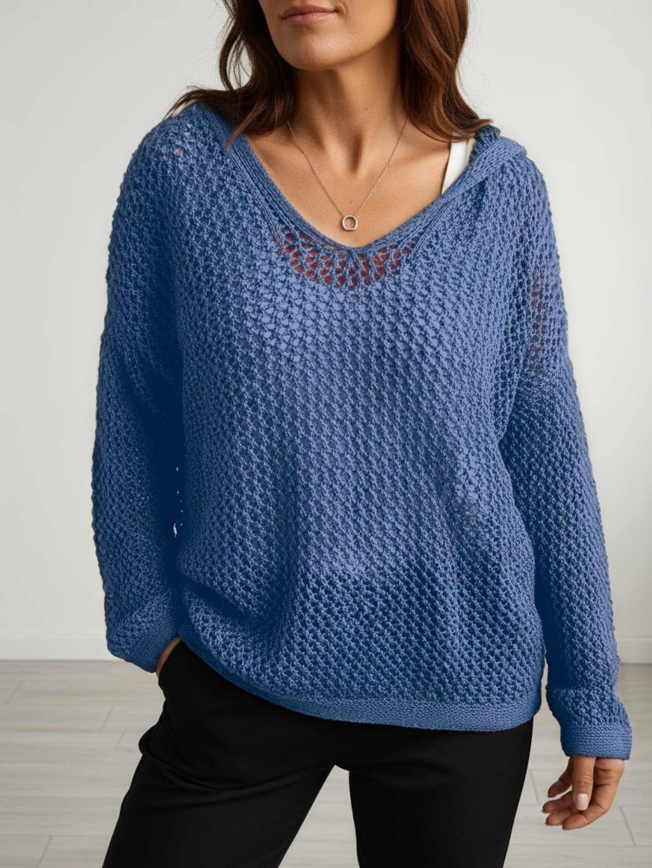 Plus Size Women's Solid Color Drop Shoulder Long Sleeve Hollow Hooded Sweater, Casual For Autumn Spring - Royal Blue - View 1