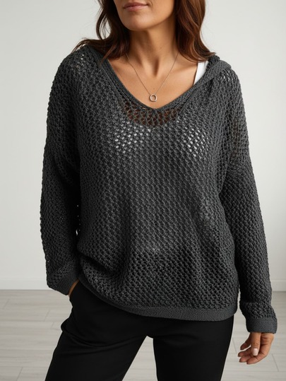 Damen Große Größen einfarbiger Pullover mit Trompetenärmeln, Langarm, Kapuze mit Ausschnitten, lässig für den Herbst, Drop-Shoulder