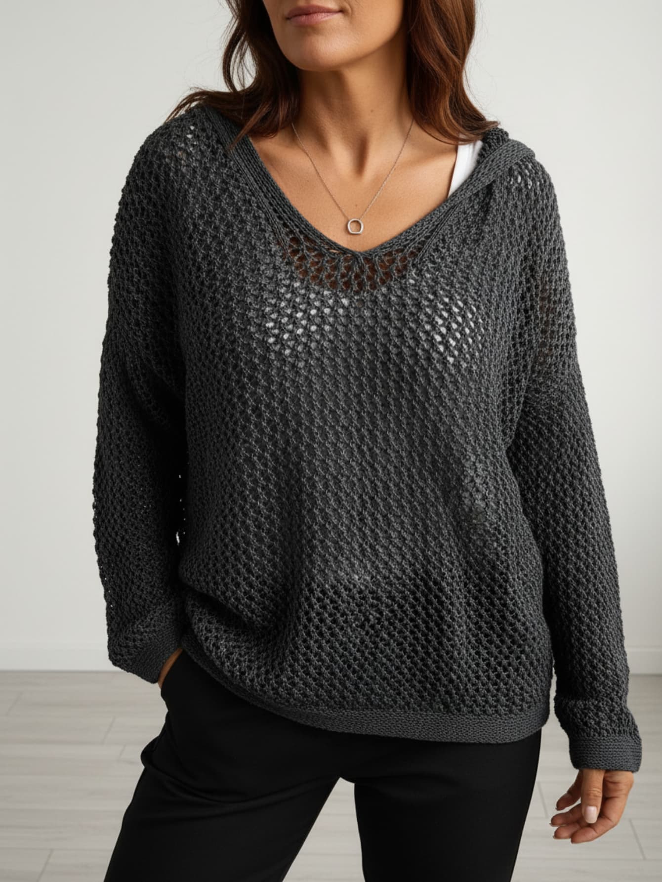 Áo len nữ cỡ lớn màu trơn tay dài vai rớt có mũ, kiểu dáng thường ngày, thích hợp cho trang phục đi biển mùa thu xuân, trang phục đi nghỉ mát, áo dự tiệc mùa hè. - màu đen - Xem 1