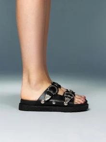 DareSee Sandalias negras cómodas y de moda con puntera redonda, con doble hebilla, plataforma gruesa de doble capa y tacón de cuña, para mujer. Ideales para el Día de San Valentín, festivales de música, festivales Y2K, otoño, Navidad e invierno. Regalo de Navidad. - Negro - Ver 2