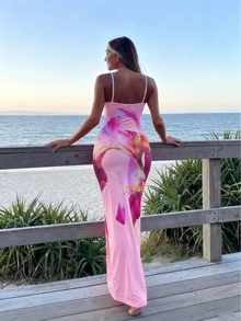 Women's Knit Placement Print Beach Sexy Vacation Spaghetti Strap Dress - Coral Pink - View 2