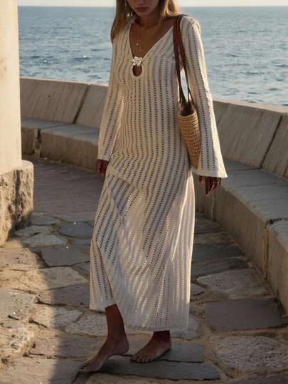 MORI 2026 Women's White Long V-Neck Tie-Front Knit Maxi Dress, Featuring Knit Fabric, Delicate Floral Button Tie Details, Relaxed & Casual, Romantic & Elegant Bohemian Style, Suitable For Beach Vacation, Island Travel, Summer Beach Picnic, Seaside Stroll, Afternoon Tea, Music Festival, Valentine's Day, Party And Other Occasions.