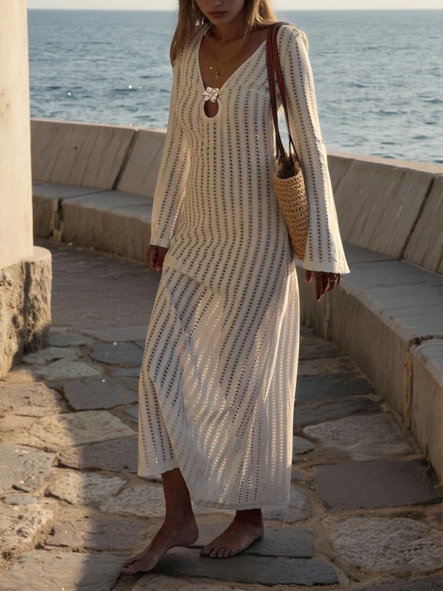 MORI 2026 Women's White Long V-Neck Tie-Front Knit Maxi Dress, Featuring Knit Fabric, Delicate Floral Button Tie Details, Relaxed & Casual, Romantic & Elegant Bohemian Style, Suitable For Beach Vacation, Island Travel, Summer Beach Picnic, Seaside Stroll, Afternoon Tea, Music Festival, Valentine's Day, Party And Other Occasions. - White - View 1