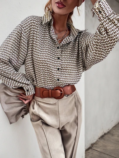 Camisa casual de manga larga con botones delanteros, estampado de bloques de color y cuello para mujer de talla grande, ideal para vacaciones en primavera