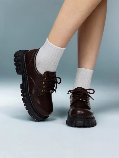 DareSee 1 Pair Solid Color Preppy School PU Leather Lace-Up Platform Shoes, Loafers, Office Wear, All Season Music Fest