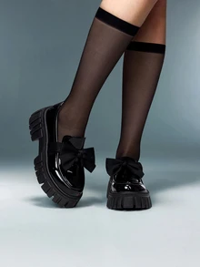 DareSee 2025新款圆头蝴蝶结防滑厚底中跟乐福鞋，女士英伦风休闲一脚蹬鞋，适合音乐节、Y2KFest、返校季、秋季、圣诞节、冬季等各种场合，也是圣诞礼物的理想之选。