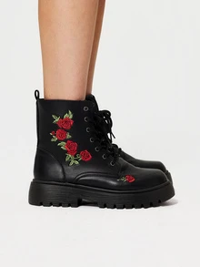 DareSee Women's Fashion Floral Embroidered Thick Sole Boots Music Fest - Black - View 2