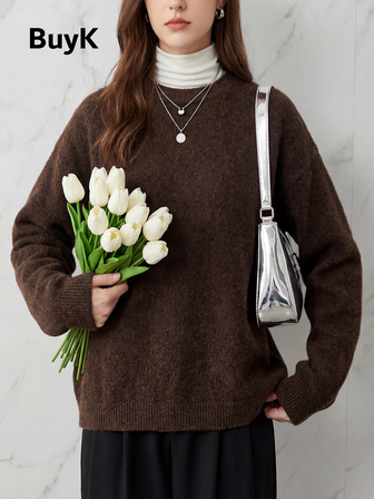 【上衣】优雅时尚长袖针织毛衣，简约纯色，圆领设计，休闲舒适，适合秋冬季穿着，柔软保暖，通勤百搭，女士圣诞毛衣。