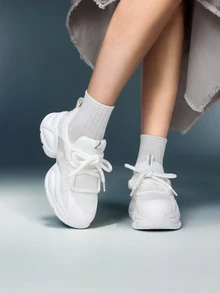 DareSee Women's Solid Color Mesh Thick Sports Shoes, Lace-Up Breathable Running Shoes, Platform Chunky Chunky Sneakers Music Fest Y2KFest Back To School Autumn Winter Gifts Music Fest Back To School - White - View 1