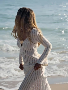 MORI 2026 Women's White Long V-Neck Tie-Front Knit Maxi Dress, Featuring Knit Fabric, Delicate Floral Button Tie Details, Relaxed & Casual, Romantic & Elegant Bohemian Style, Suitable For Beach Vacation, Island Travel, Summer Beach Picnic, Seaside Stroll, Afternoon Tea, Music Festival, Valentine's Day, Party And Other Occasions. - White - View 2