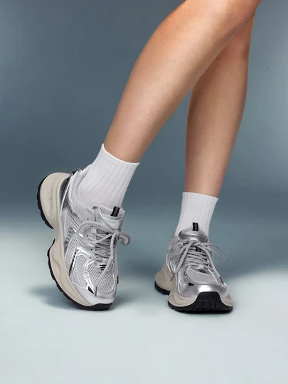 DareSee Women's Sneakers Silver Chunky Sneakers, 2025 Spring New Fashionable Lightweight Thick Sole Versatile Increase Height Mesh Breathable Casual Sports Shoes, Music-Fest Y2KFest Autumn Winter Gifts