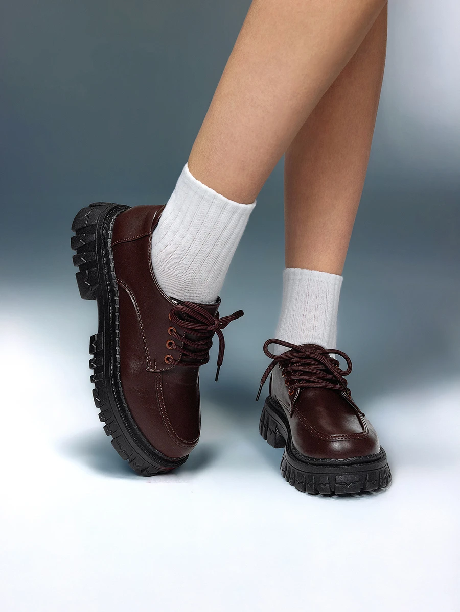 DareSee 女士厚底纯色真皮乐福鞋，时尚系带牛津鞋款，舒适轻便，适合音乐节、Y2K节、返校季、秋季、圣诞节、冬季等场合，是理想的圣诞礼物之选。 - 巧克力棕 - 查看 1