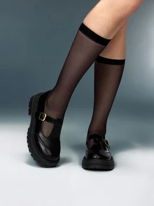 DareSee 2025秋冬新款女士时尚厚底乐福鞋，仿皮法式/英式玛丽珍鞋，情人节心形设计，金属扣平底鞋，复古圆头乐福鞋，新款黑色学院/商务休闲办公平底鞋，优雅女士音乐节高跟鞋 - 黑色 - 查看 1