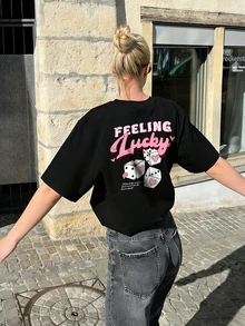 女士休闲骰子图案圆领短袖T恤，街头风日常上衣，夏季黑色 - 黑色 - 查看 7