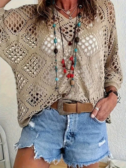 Plus Size Women's Solid Color Hollow Diamond Pattern Pullover Sweater